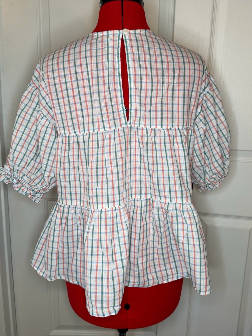 Anthropologie Bow Front Tiered Top Short Sleeve Plaid Women XS Oversized - Picture 4 of 8